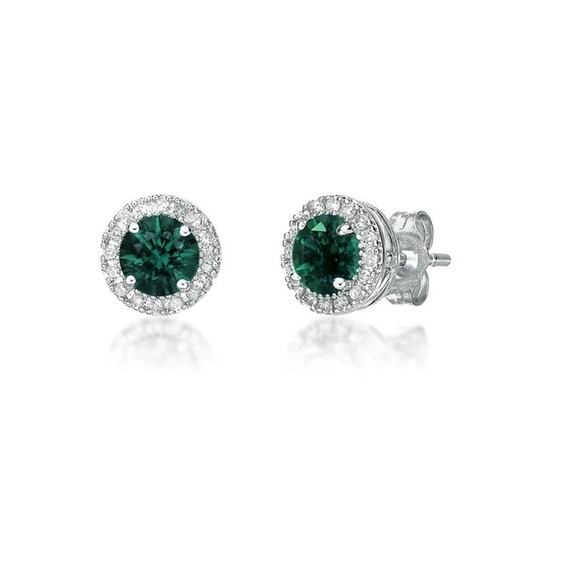 Lab-Created Emerald & 1/7 ct. tw. Diamond Earrings in Sterling Silver - Picture 1 of 6